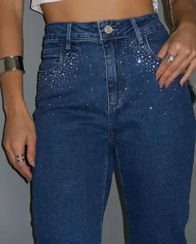 Calca Jeans Feminina Cintura Alta com Strass