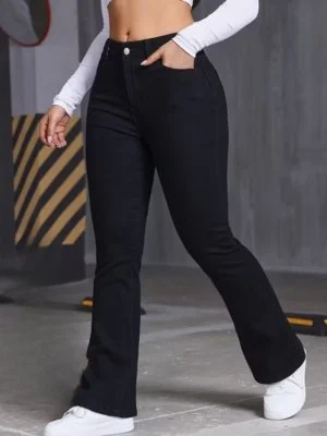 Calca Jeans Feminina Preta Flare Cintura Alta
