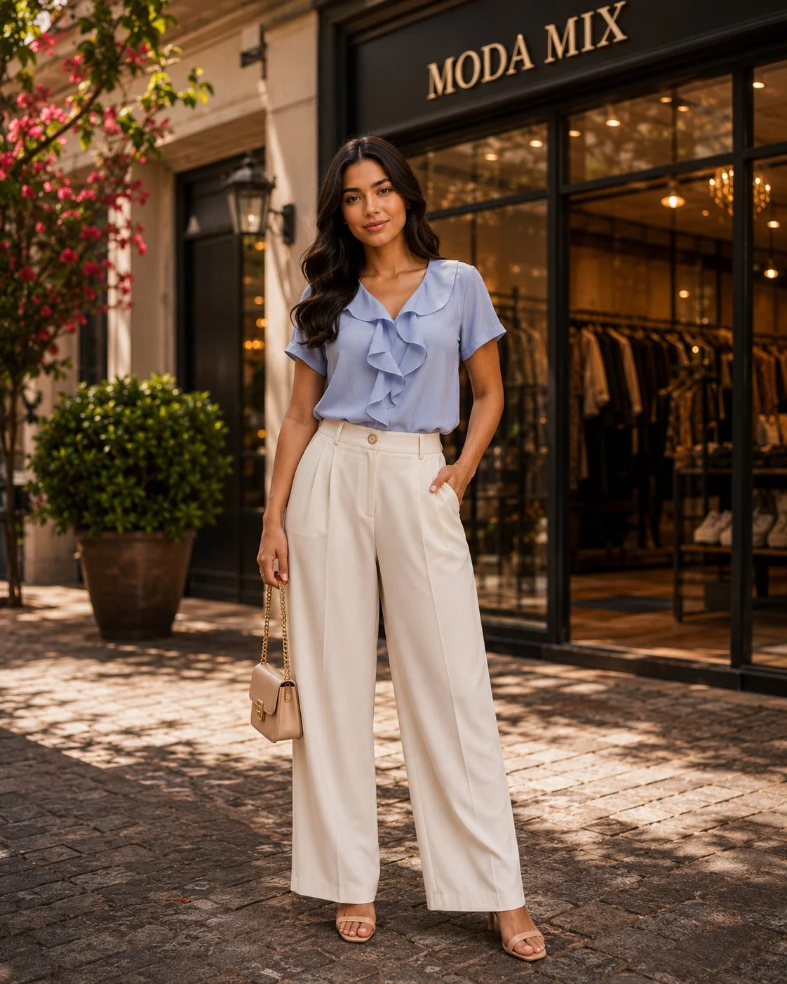 Blusa Social Feminina com Babados Azul Serenity