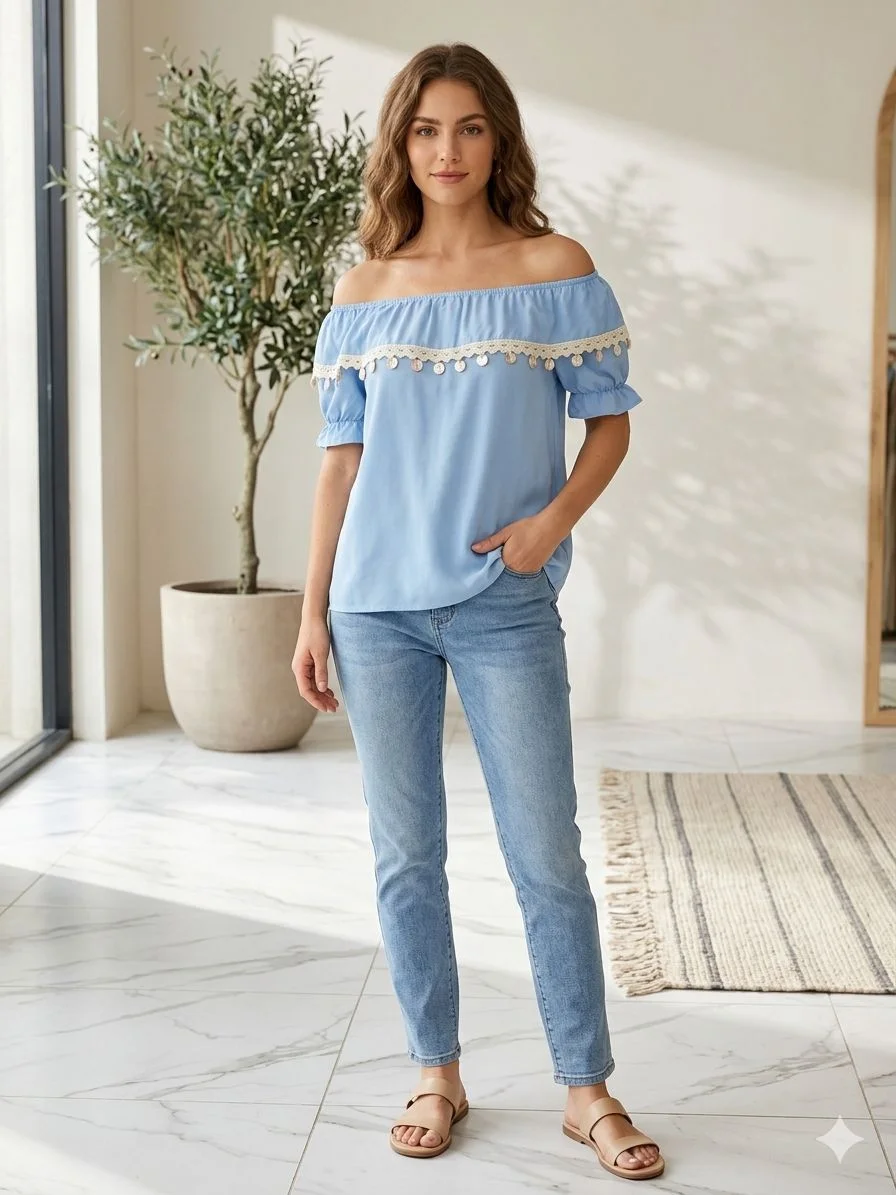 Blusa Feminina Ciganinha Azul com Renda